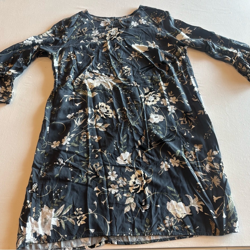 Old Navy Women’s Large Gray Floral Dress Long Sleeve Ruffle Cuff Boho Prarie